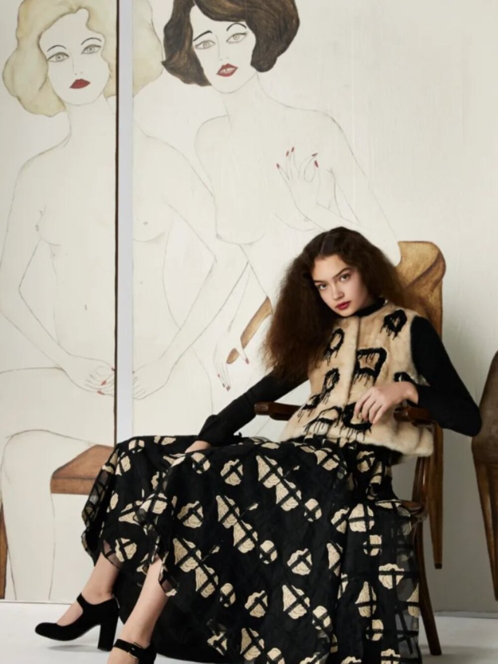 NWT Co. Embroidered/Crochet Applique Black Organza Midi Collared Dress XS $2,294